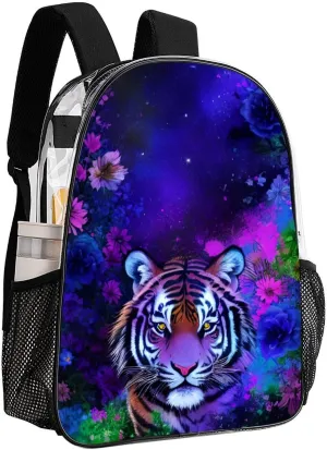 Transparent Daypack Bookbag for Gym Business Bicycle - Large Capacity Multipurpose Anti-Theft Carry On Bag, Beautiful Wild Animal Tiger Abstract Florals Art Travel Hiking Daypack