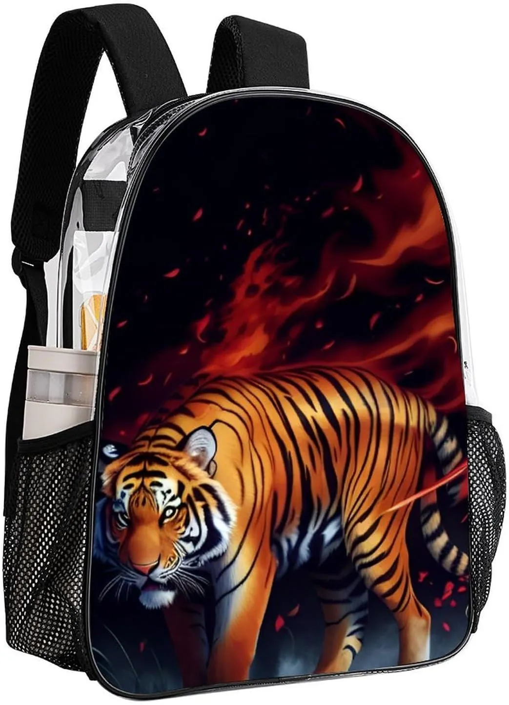 Transparent Daypack Bookbag for Gym Business Bicycle - Large Capacity Multipurpose Anti-Theft Carry On Bag, Wild And Angry Tiger Fire Flame Brave Mammal King Roar Art Travel Hiking Daypack