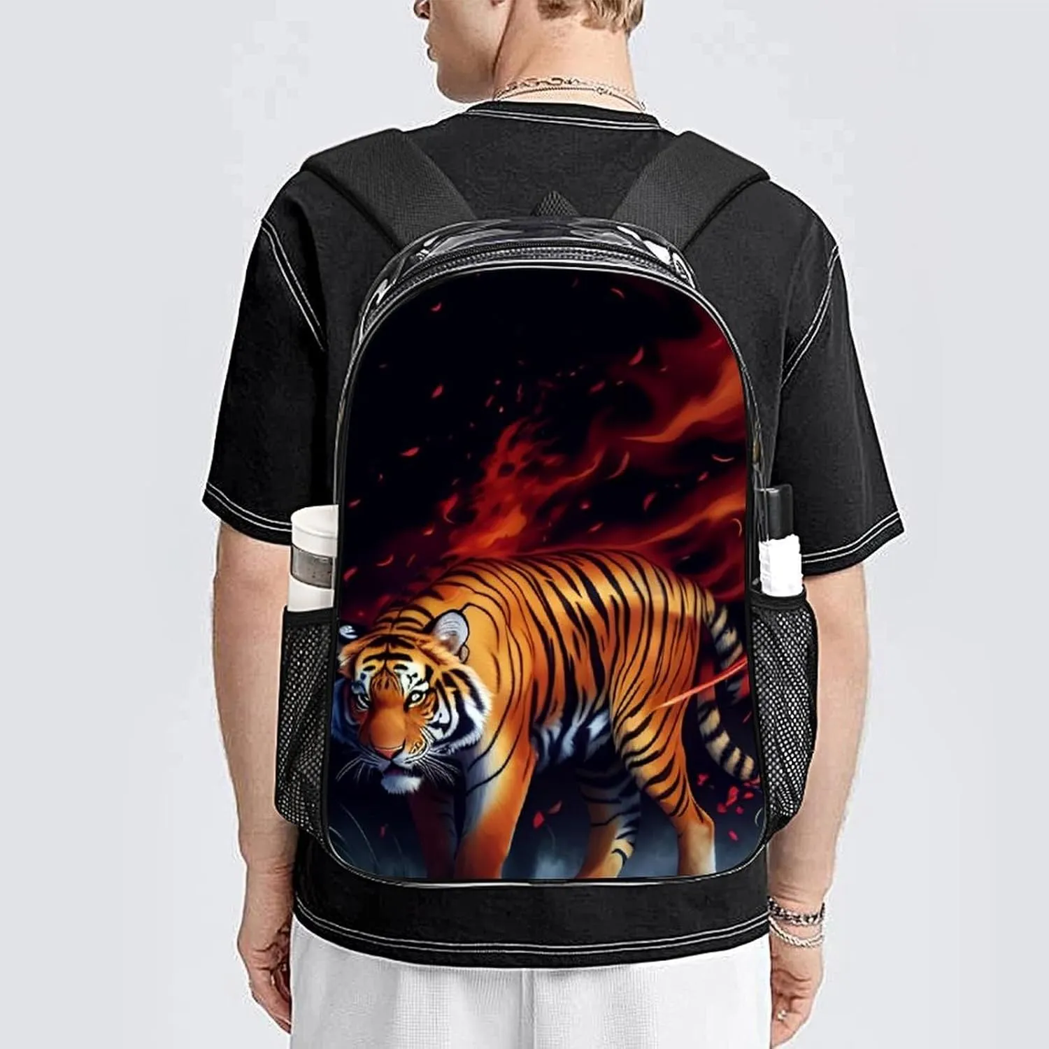 Transparent Daypack Bookbag for Gym Business Bicycle - Large Capacity Multipurpose Anti-Theft Carry On Bag, Wild And Angry Tiger Fire Flame Brave Mammal King Roar Art Travel Hiking Daypack