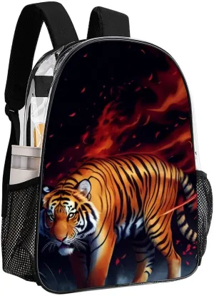 Transparent Daypack Bookbag for Gym Business Bicycle - Large Capacity Multipurpose Anti-Theft Carry On Bag, Wild And Angry Tiger Fire Flame Brave Mammal King Roar Art Travel Hiking Daypack