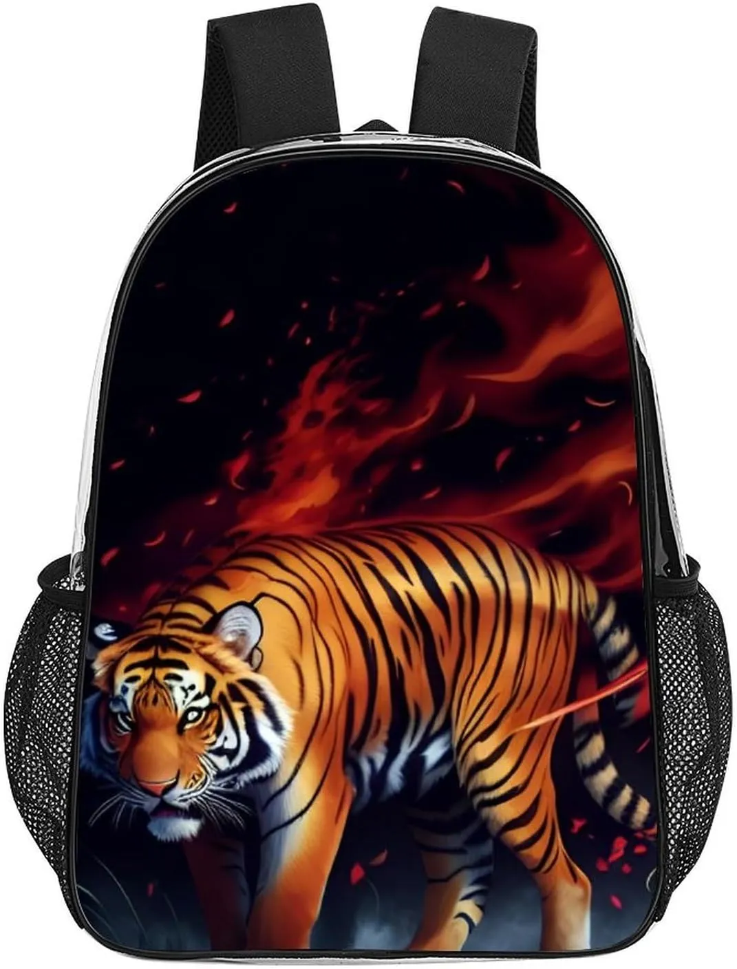 Transparent Daypack Bookbag for Gym Business Bicycle - Large Capacity Multipurpose Anti-Theft Carry On Bag, Wild And Angry Tiger Fire Flame Brave Mammal King Roar Art Travel Hiking Daypack