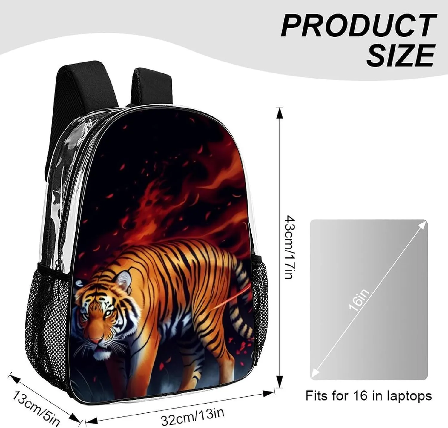 Transparent Daypack Bookbag for Gym Business Bicycle - Large Capacity Multipurpose Anti-Theft Carry On Bag, Wild And Angry Tiger Fire Flame Brave Mammal King Roar Art Travel Hiking Daypack