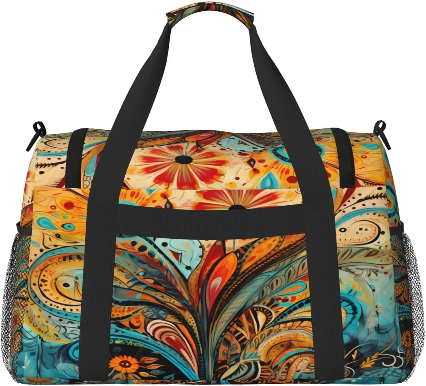 Travel Duffel Bag For Men Women, Art Boho Paisley Floral Flower Carry On Sport Gym Bag With Shoulder Strap Lightweight Waterproof Weekender Bag Overnight Bag