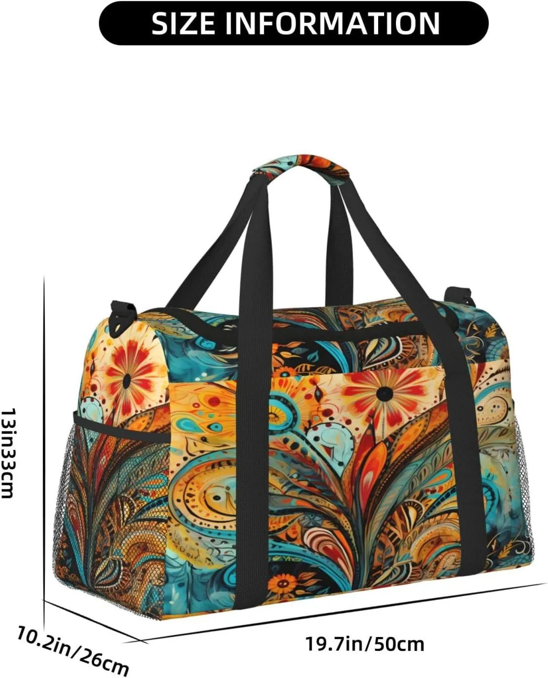 Travel Duffel Bag For Men Women, Art Boho Paisley Floral Flower Carry On Sport Gym Bag With Shoulder Strap Lightweight Waterproof Weekender Bag Overnight Bag
