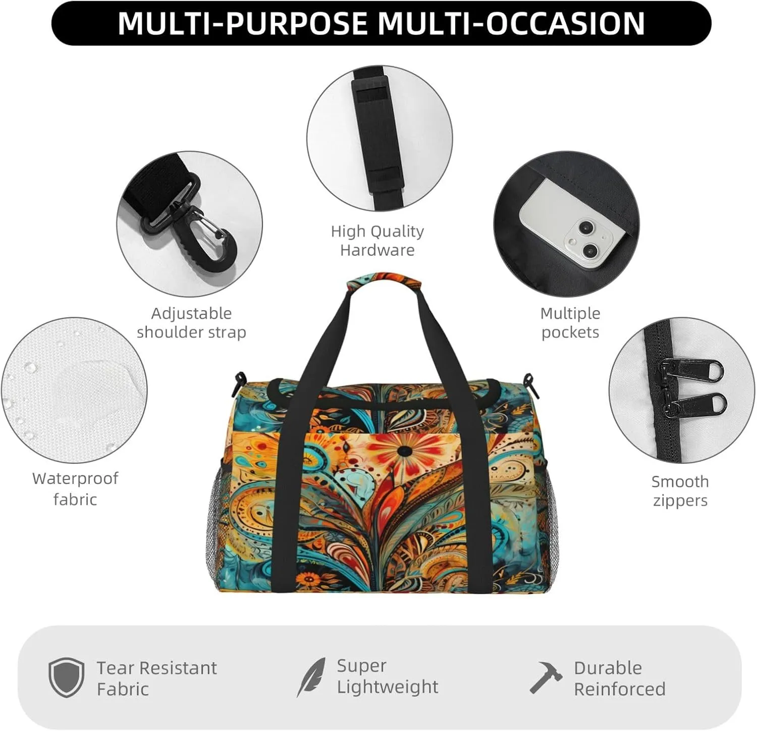Travel Duffel Bag For Men Women, Art Boho Paisley Floral Flower Carry On Sport Gym Bag With Shoulder Strap Lightweight Waterproof Weekender Bag Overnight Bag