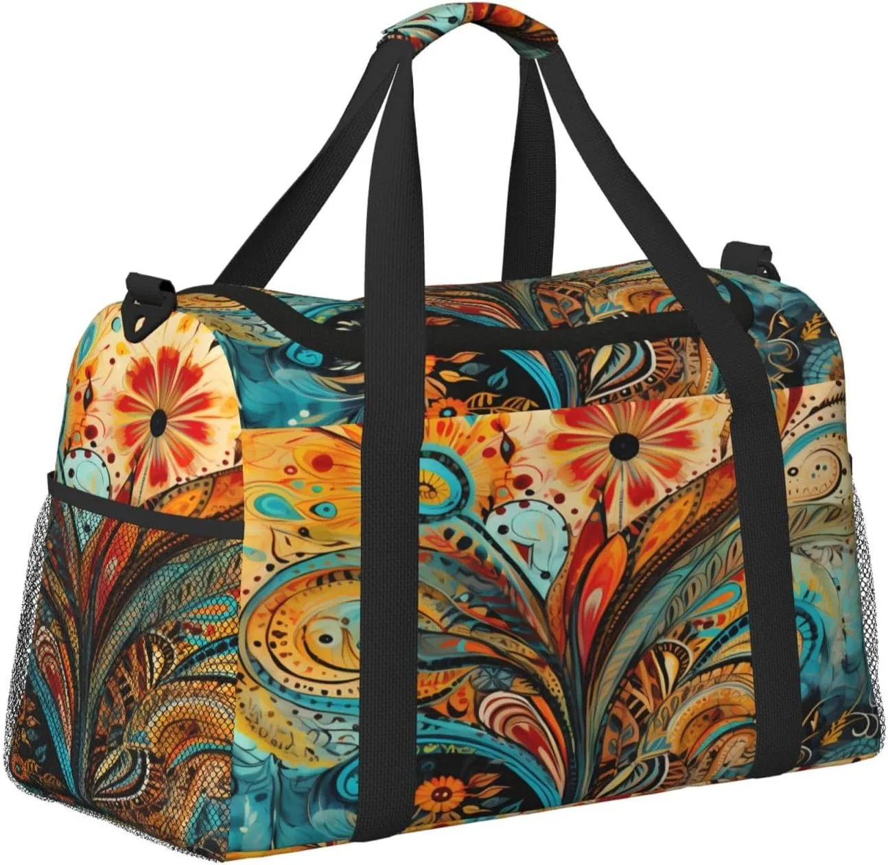 Travel Duffel Bag For Men Women, Art Boho Paisley Floral Flower Carry On Sport Gym Bag With Shoulder Strap Lightweight Waterproof Weekender Bag Overnight Bag