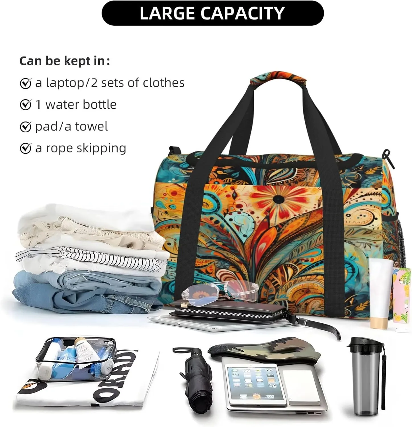 Travel Duffel Bag For Men Women, Art Boho Paisley Floral Flower Carry On Sport Gym Bag With Shoulder Strap Lightweight Waterproof Weekender Bag Overnight Bag