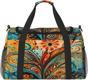 Travel Duffel Bag For Men Women, Art Boho Paisley Floral Flower Carry On Sport Gym Bag With Shoulder Strap Lightweight Waterproof Weekender Bag Overnight Bag