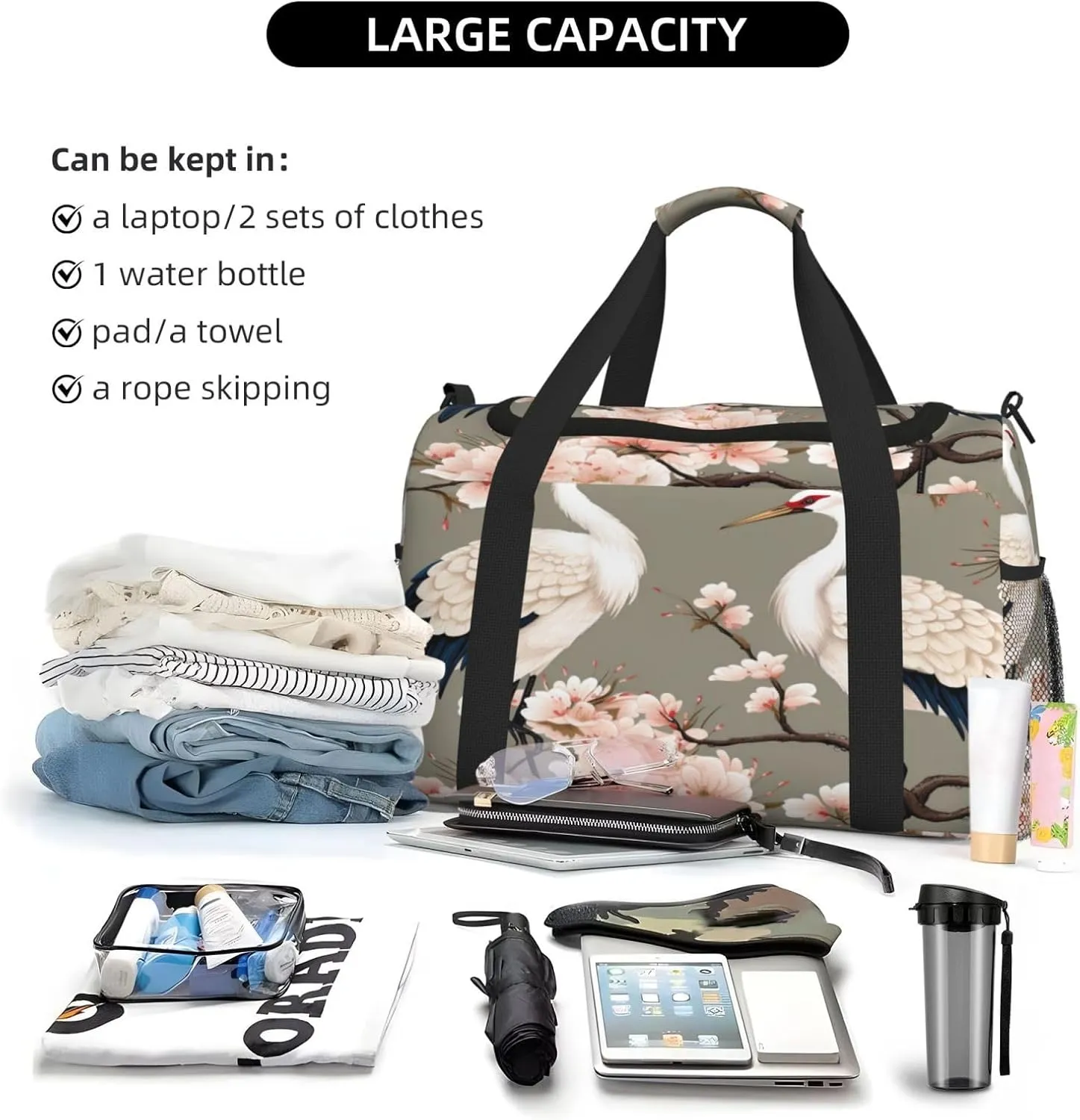 Travel Duffel Bag For Men Women, Chinese Crane Pink Flower Japanese Carry On Sport Gym Bag With Shoulder Strap Lightweight Waterproof Weekender Bag Overnight Bag