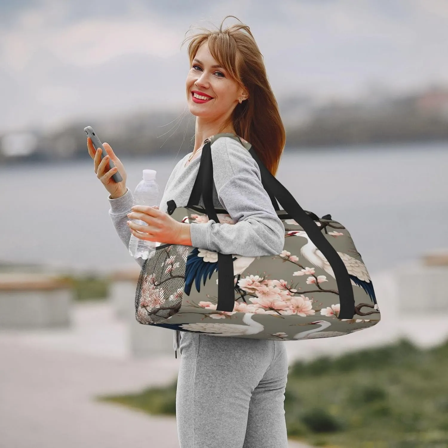 Travel Duffel Bag For Men Women, Chinese Crane Pink Flower Japanese Carry On Sport Gym Bag With Shoulder Strap Lightweight Waterproof Weekender Bag Overnight Bag