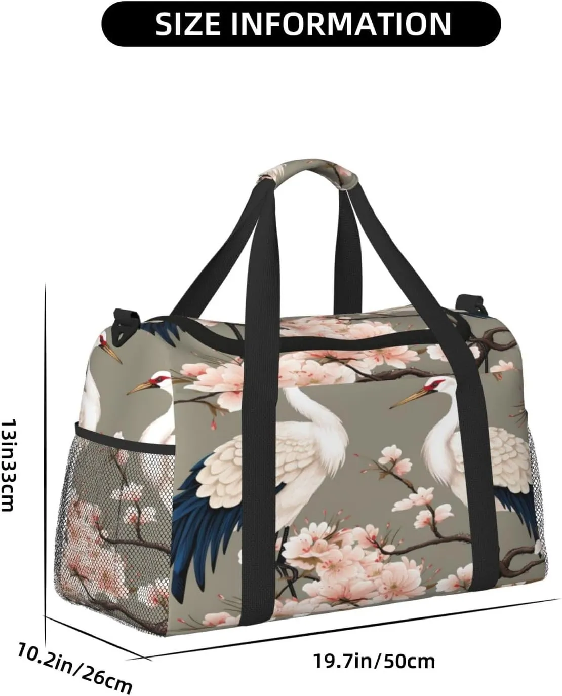 Travel Duffel Bag For Men Women, Chinese Crane Pink Flower Japanese Carry On Sport Gym Bag With Shoulder Strap Lightweight Waterproof Weekender Bag Overnight Bag
