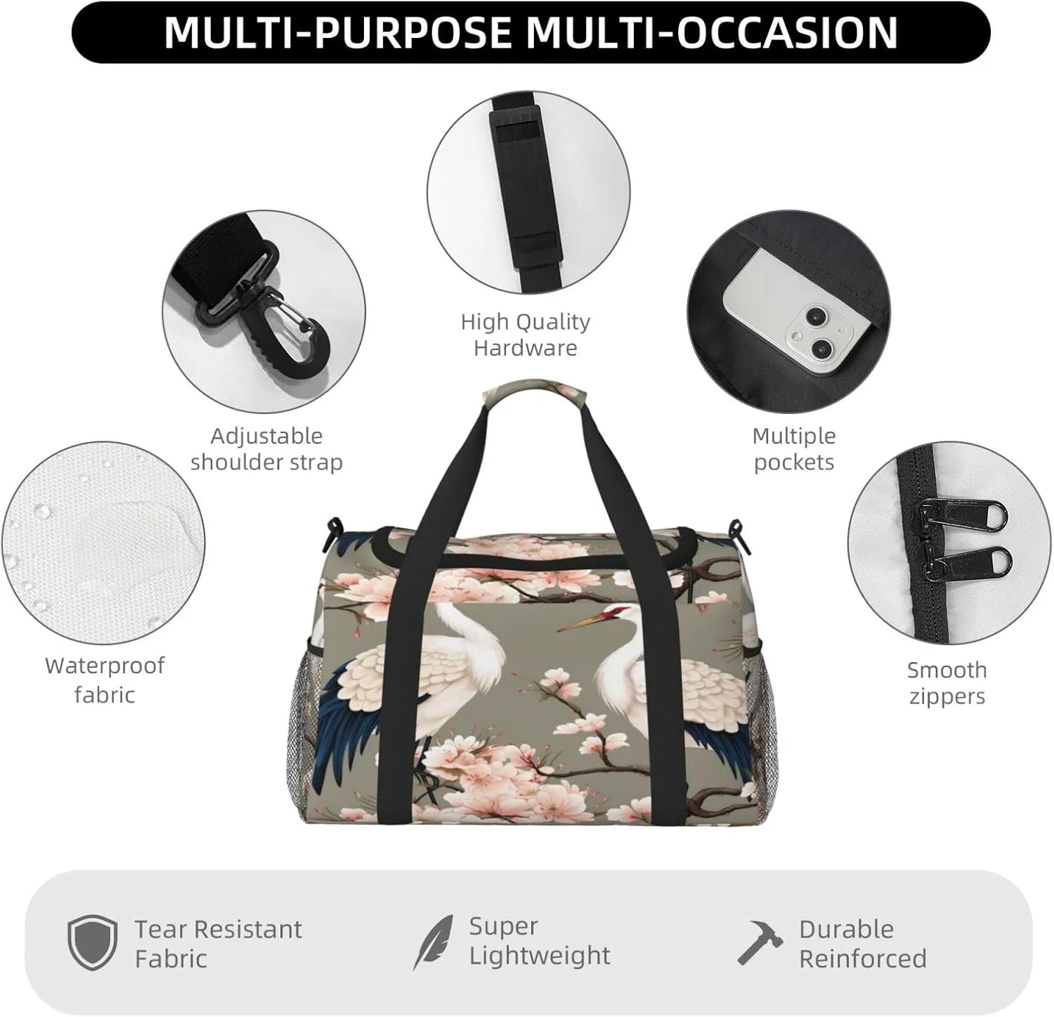 Travel Duffel Bag For Men Women, Chinese Crane Pink Flower Japanese Carry On Sport Gym Bag With Shoulder Strap Lightweight Waterproof Weekender Bag Overnight Bag