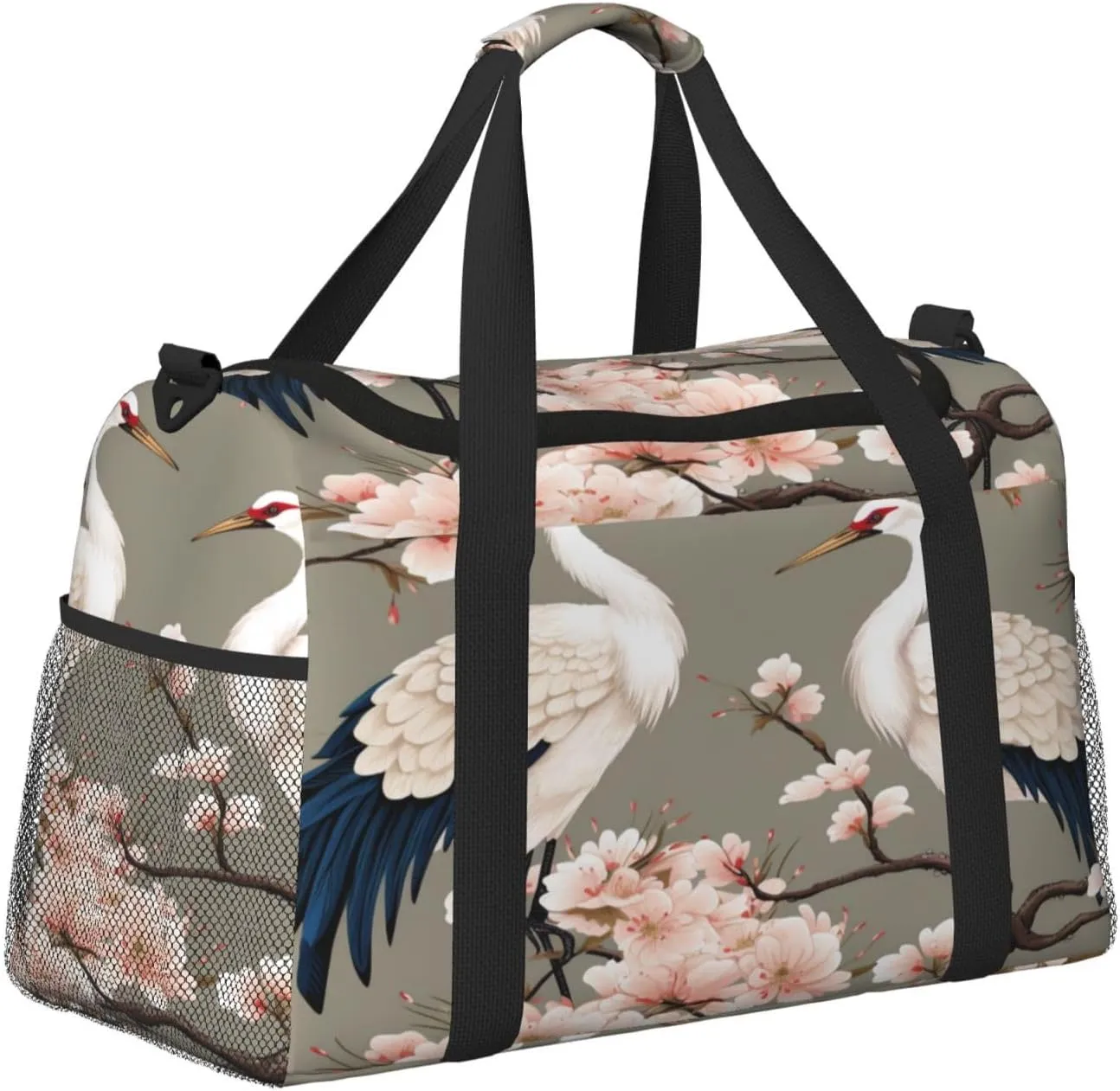 Travel Duffel Bag For Men Women, Chinese Crane Pink Flower Japanese Carry On Sport Gym Bag With Shoulder Strap Lightweight Waterproof Weekender Bag Overnight Bag