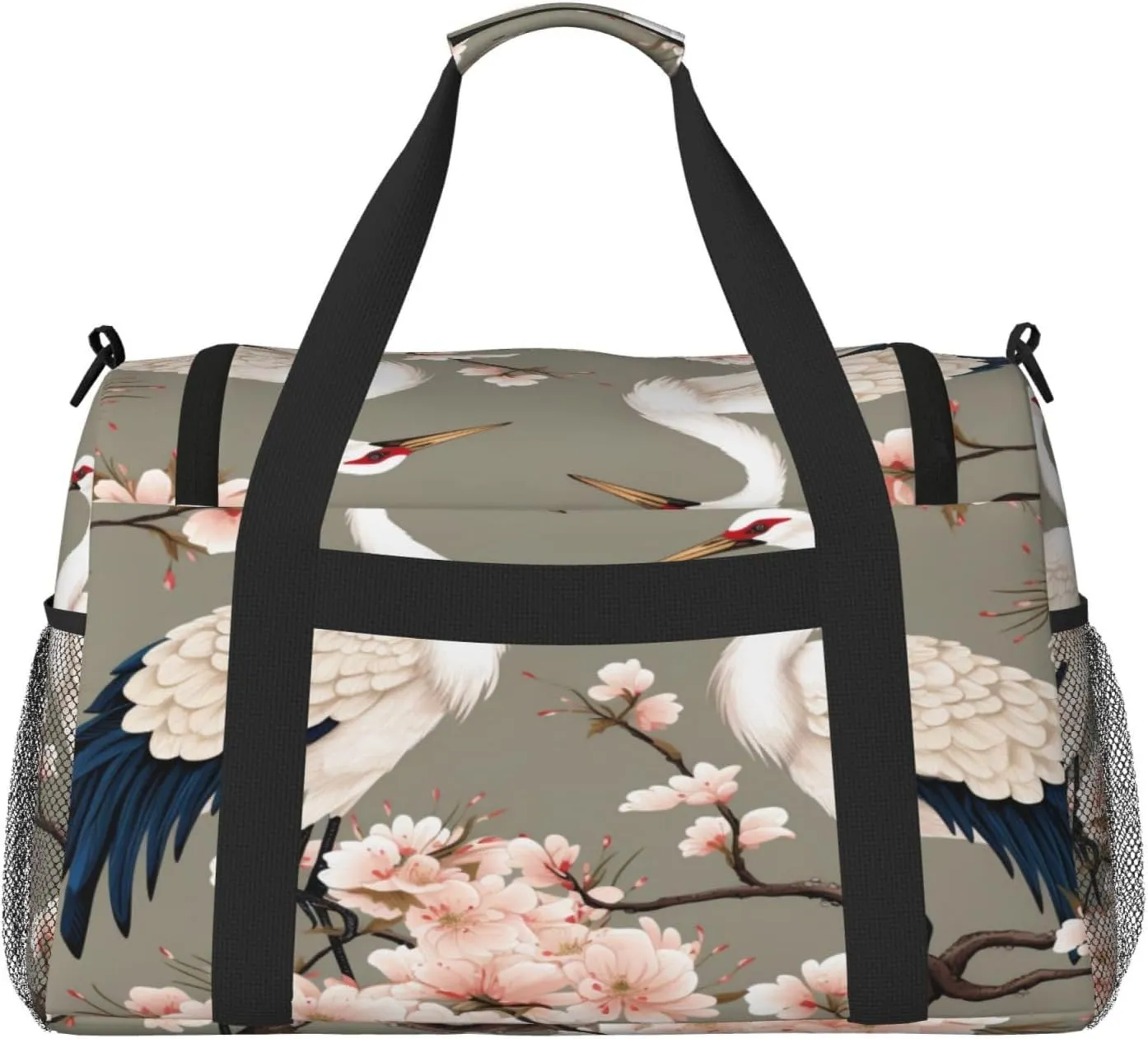 Travel Duffel Bag For Men Women, Chinese Crane Pink Flower Japanese Carry On Sport Gym Bag With Shoulder Strap Lightweight Waterproof Weekender Bag Overnight Bag