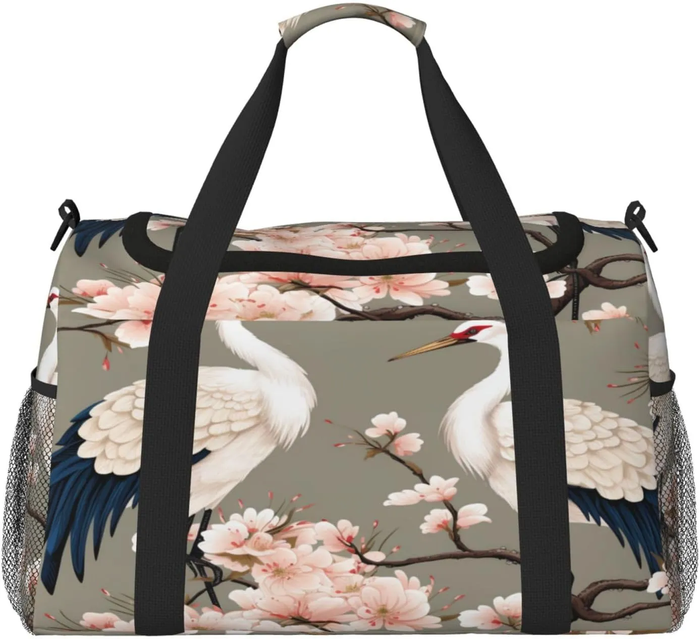 Travel Duffel Bag For Men Women, Chinese Crane Pink Flower Japanese Carry On Sport Gym Bag With Shoulder Strap Lightweight Waterproof Weekender Bag Overnight Bag