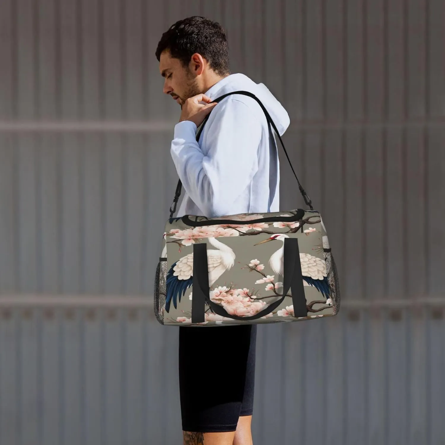 Travel Duffel Bag For Men Women, Chinese Crane Pink Flower Japanese Carry On Sport Gym Bag With Shoulder Strap Lightweight Waterproof Weekender Bag Overnight Bag