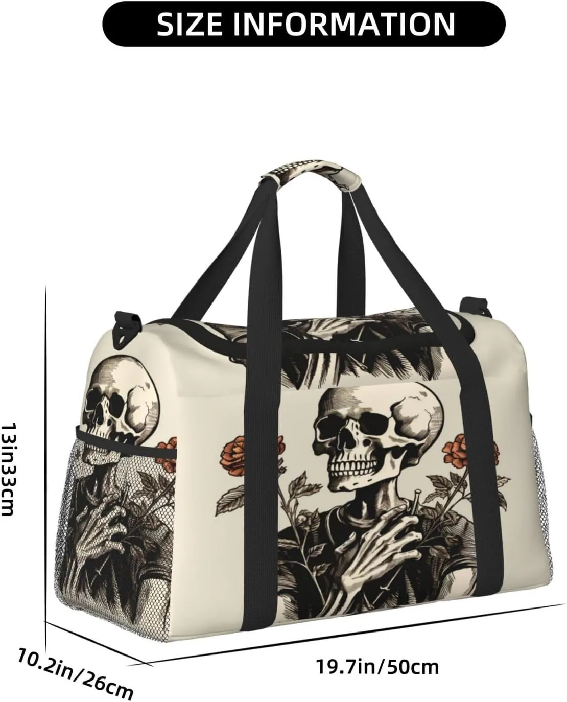 Travel Duffel Bag For Men Women, Funny Human Skeleton Rose Flower Carry On Sport Gym Bag With Shoulder Strap Lightweight Waterproof Weekender Bag Overnight Bag