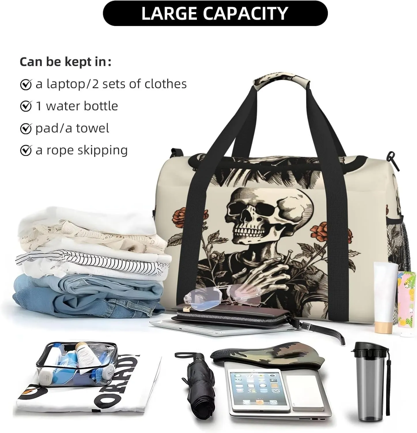 Travel Duffel Bag For Men Women, Funny Human Skeleton Rose Flower Carry On Sport Gym Bag With Shoulder Strap Lightweight Waterproof Weekender Bag Overnight Bag