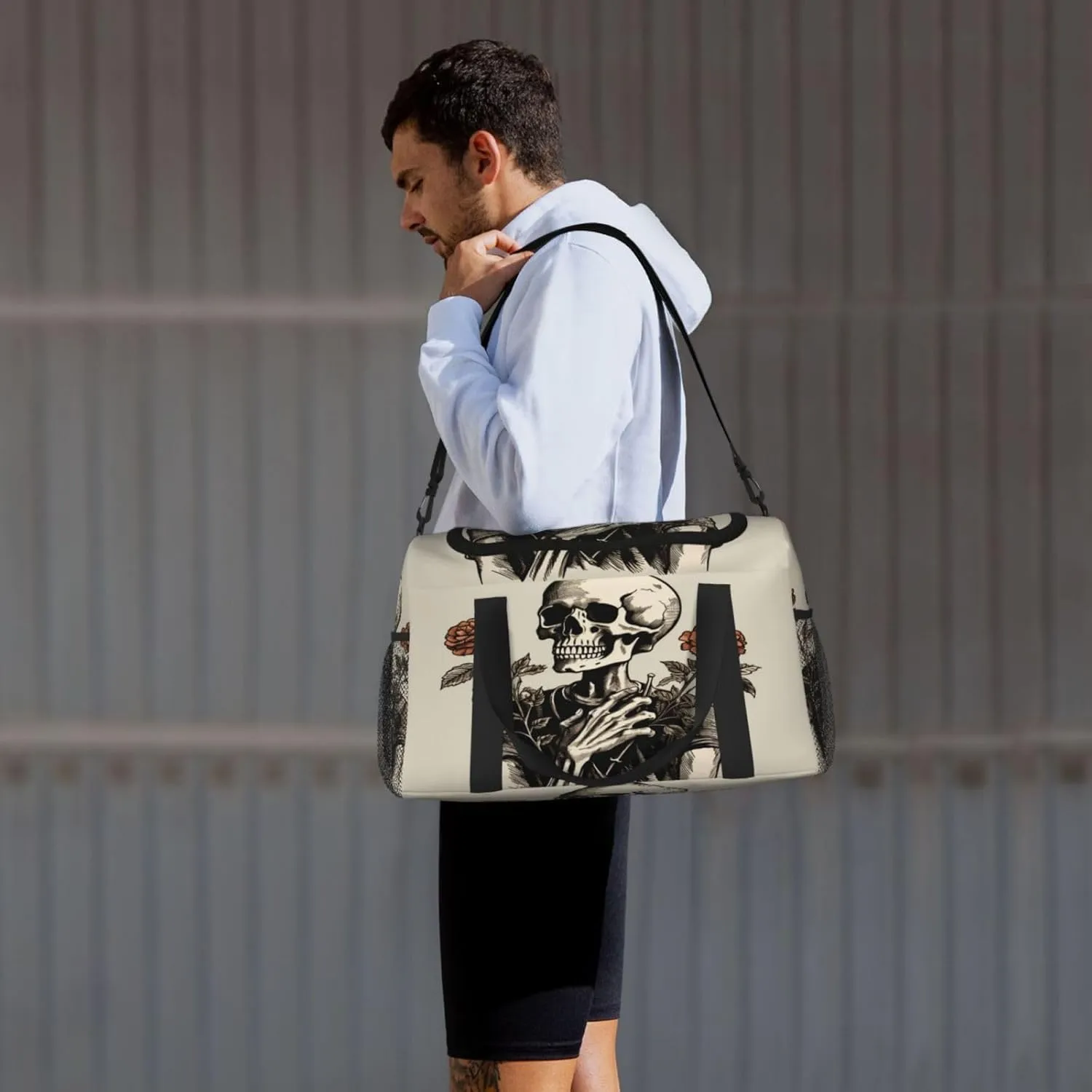 Travel Duffel Bag For Men Women, Funny Human Skeleton Rose Flower Carry On Sport Gym Bag With Shoulder Strap Lightweight Waterproof Weekender Bag Overnight Bag