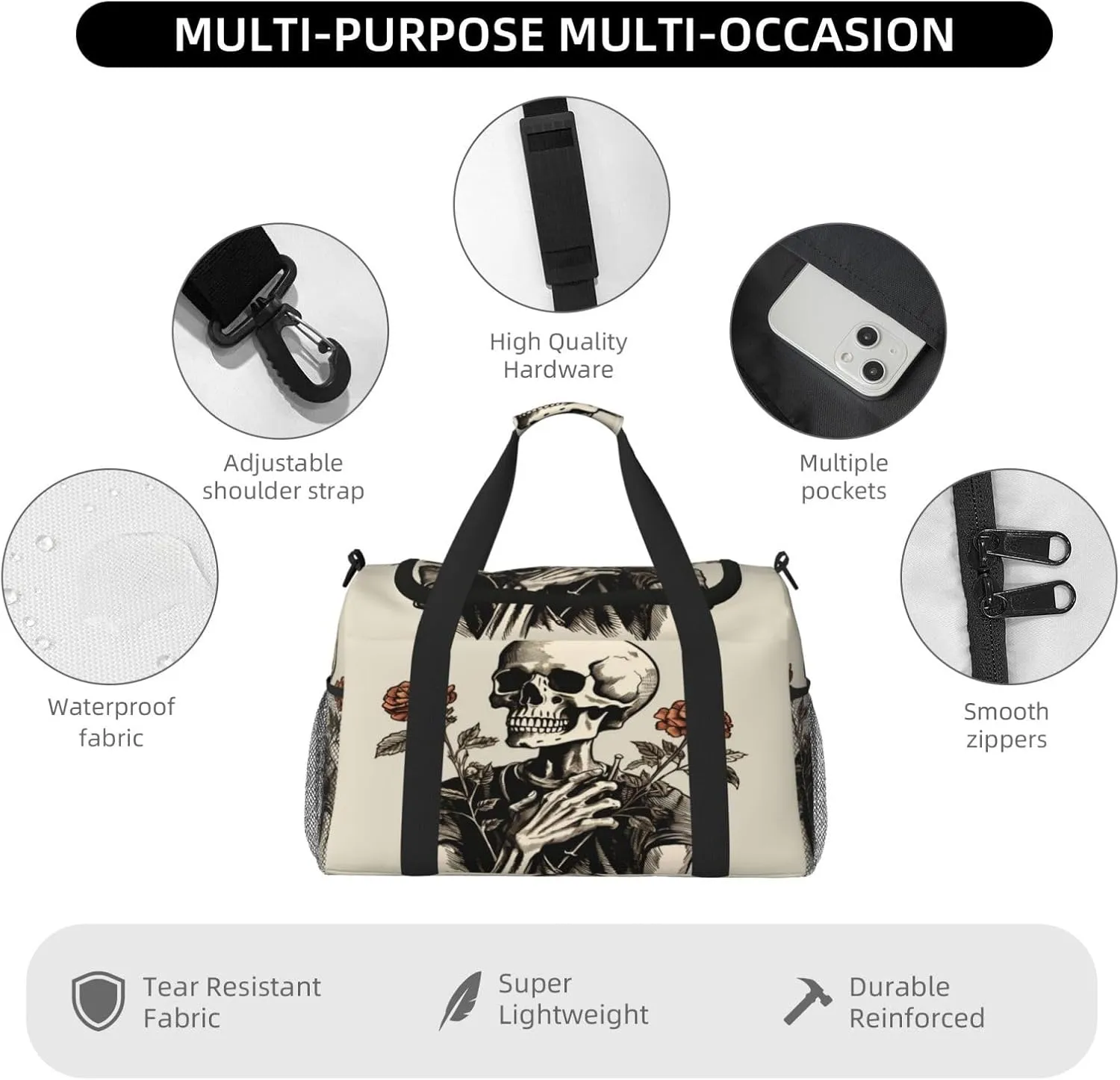 Travel Duffel Bag For Men Women, Funny Human Skeleton Rose Flower Carry On Sport Gym Bag With Shoulder Strap Lightweight Waterproof Weekender Bag Overnight Bag