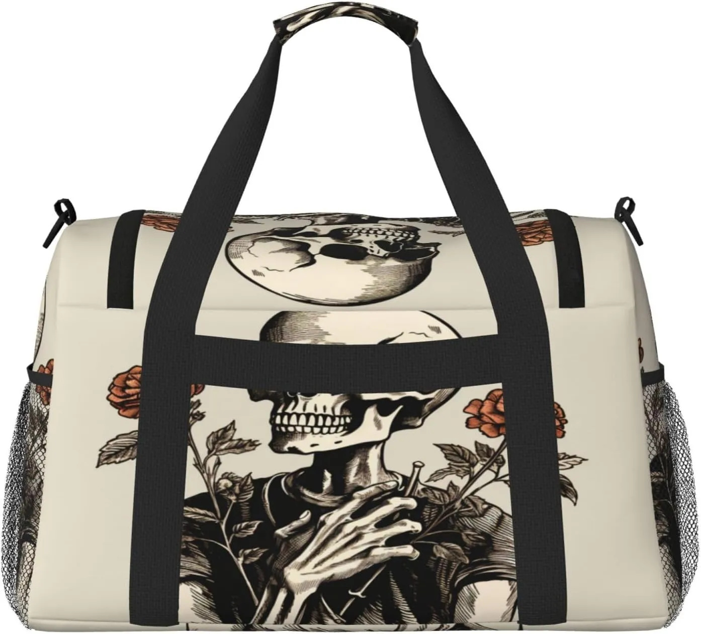 Travel Duffel Bag For Men Women, Funny Human Skeleton Rose Flower Carry On Sport Gym Bag With Shoulder Strap Lightweight Waterproof Weekender Bag Overnight Bag