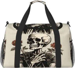 Travel Duffel Bag For Men Women, Funny Human Skeleton Rose Flower Carry On Sport Gym Bag With Shoulder Strap Lightweight Waterproof Weekender Bag Overnight Bag