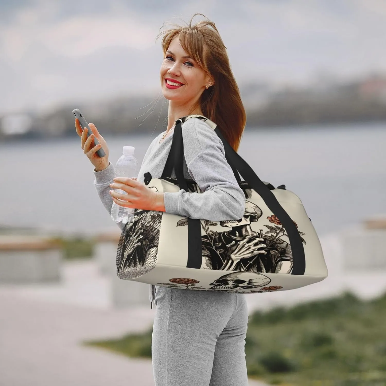 Travel Duffel Bag For Men Women, Funny Human Skeleton Rose Flower Carry On Sport Gym Bag With Shoulder Strap Lightweight Waterproof Weekender Bag Overnight Bag