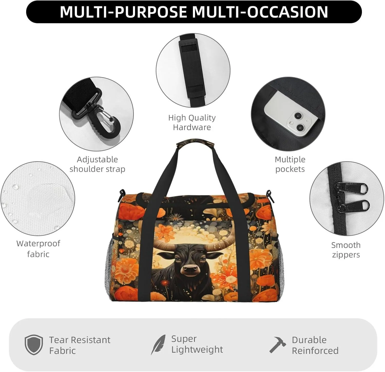 Travel Duffel Bag For Men Women, Highland Cattle Flower Floral Carry On Sport Gym Bag With Shoulder Strap Lightweight Waterproof Weekender Bag Overnight Bag