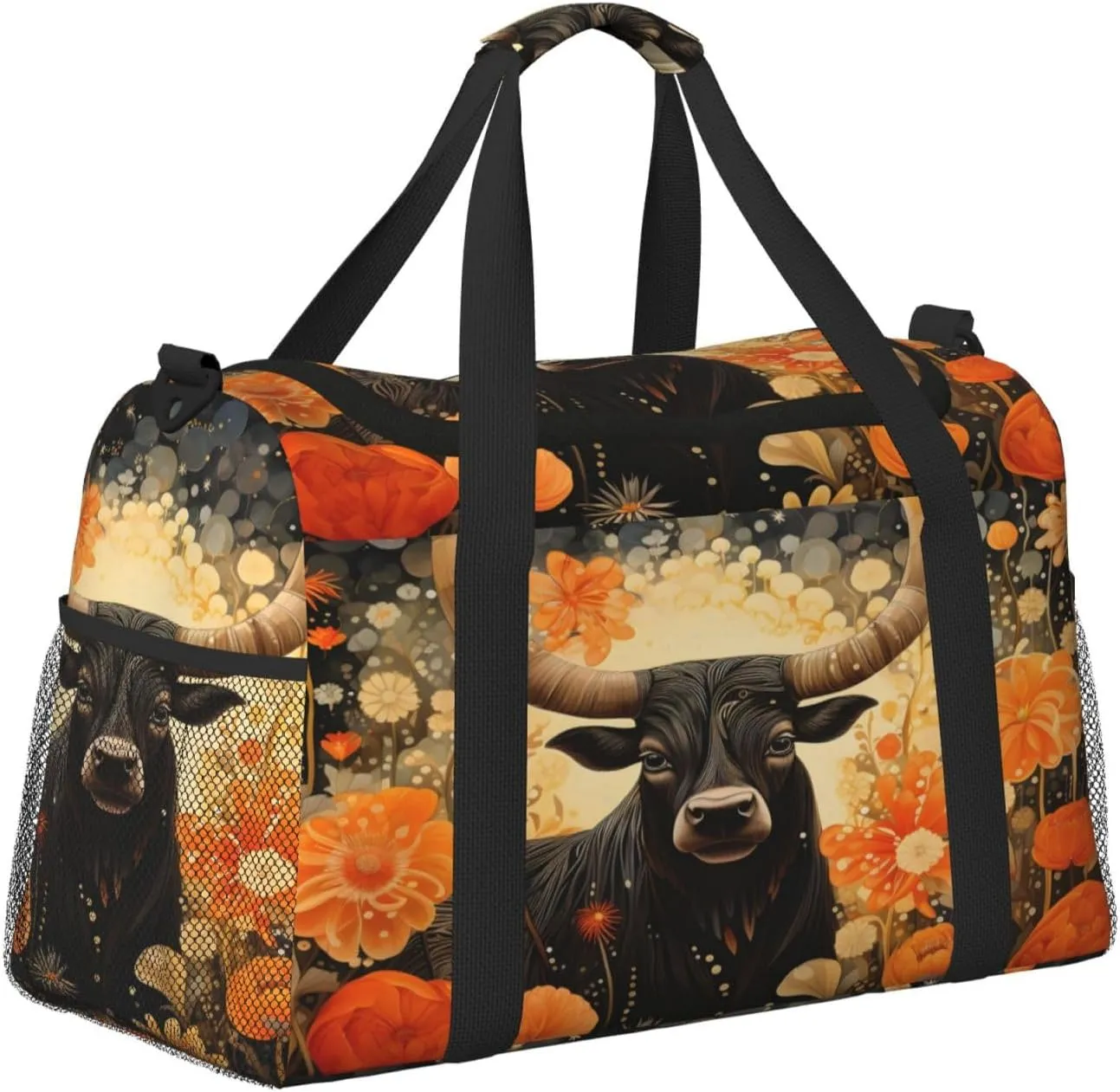 Travel Duffel Bag For Men Women, Highland Cattle Flower Floral Carry On Sport Gym Bag With Shoulder Strap Lightweight Waterproof Weekender Bag Overnight Bag