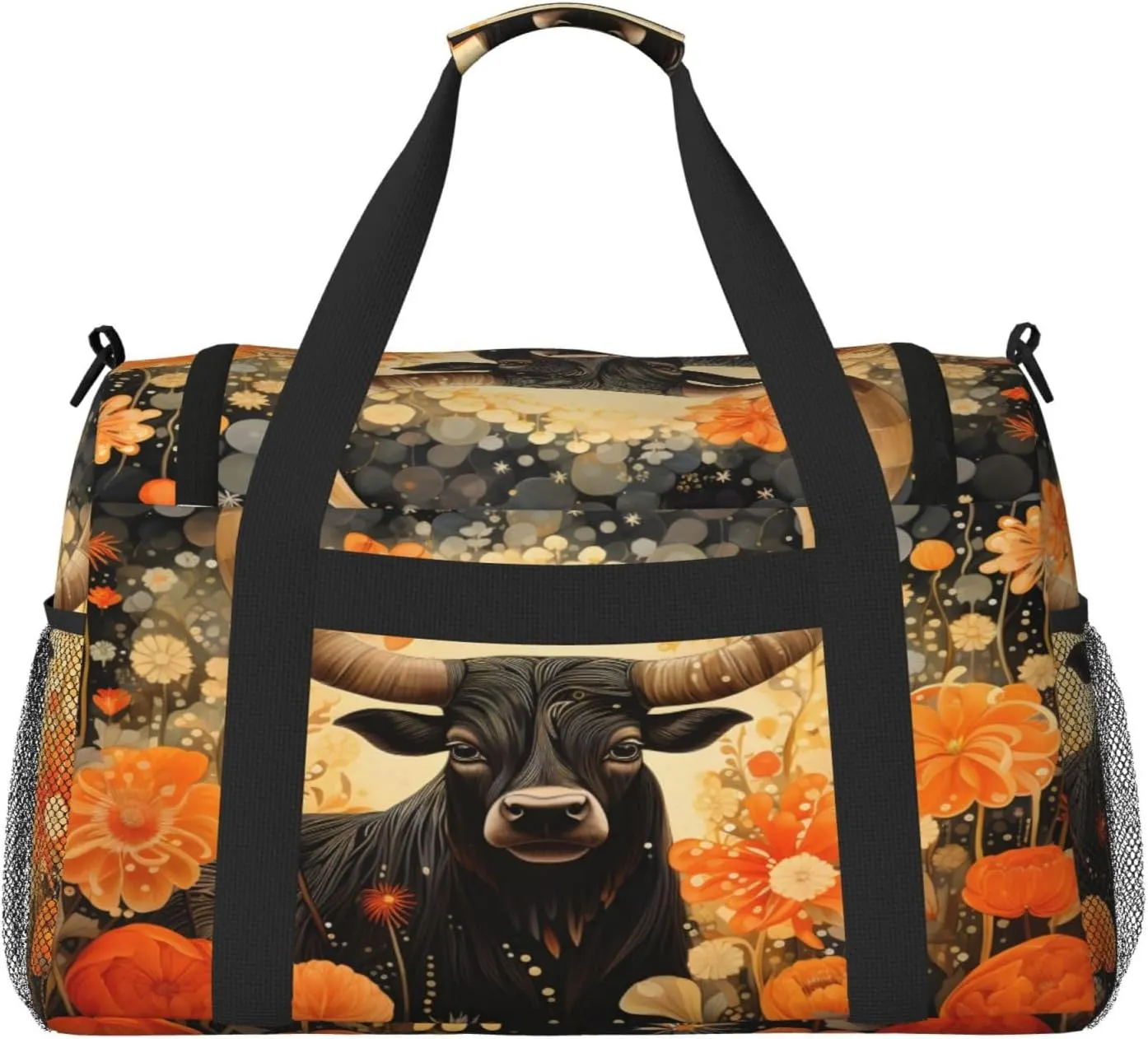 Travel Duffel Bag For Men Women, Highland Cattle Flower Floral Carry On Sport Gym Bag With Shoulder Strap Lightweight Waterproof Weekender Bag Overnight Bag