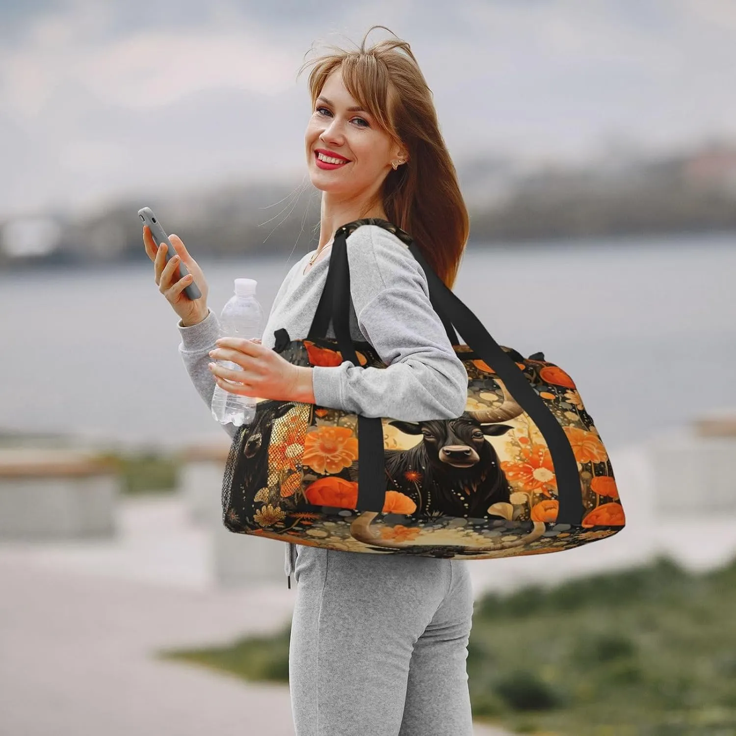 Travel Duffel Bag For Men Women, Highland Cattle Flower Floral Carry On Sport Gym Bag With Shoulder Strap Lightweight Waterproof Weekender Bag Overnight Bag