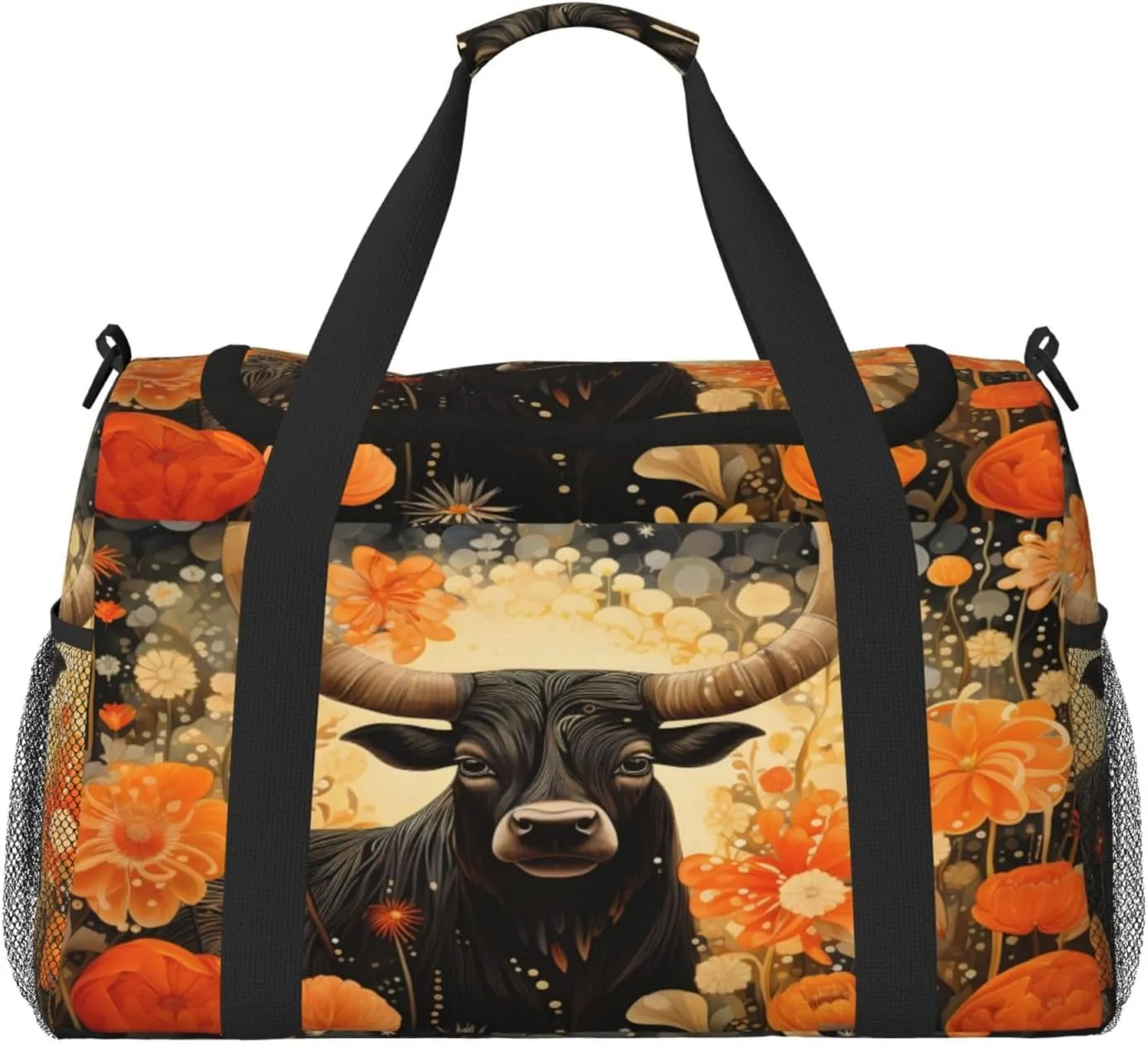 Travel Duffel Bag For Men Women, Highland Cattle Flower Floral Carry On Sport Gym Bag With Shoulder Strap Lightweight Waterproof Weekender Bag Overnight Bag