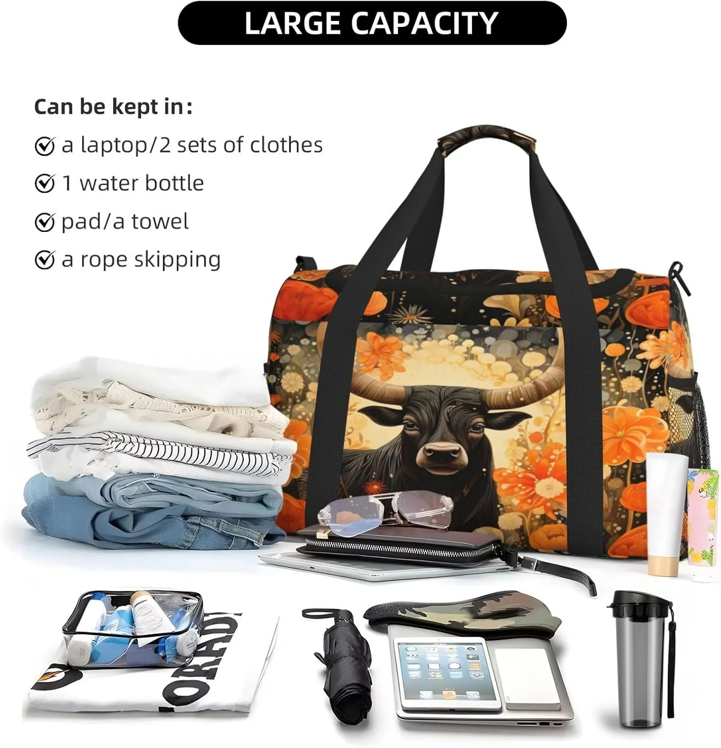 Travel Duffel Bag For Men Women, Highland Cattle Flower Floral Carry On Sport Gym Bag With Shoulder Strap Lightweight Waterproof Weekender Bag Overnight Bag