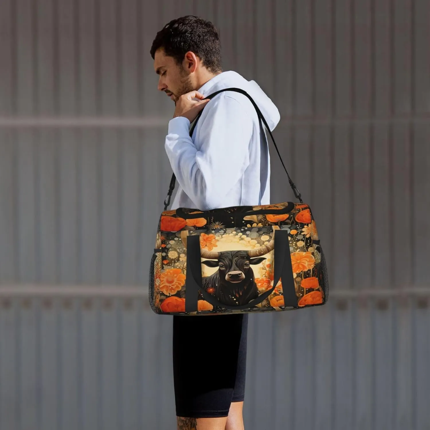 Travel Duffel Bag For Men Women, Highland Cattle Flower Floral Carry On Sport Gym Bag With Shoulder Strap Lightweight Waterproof Weekender Bag Overnight Bag
