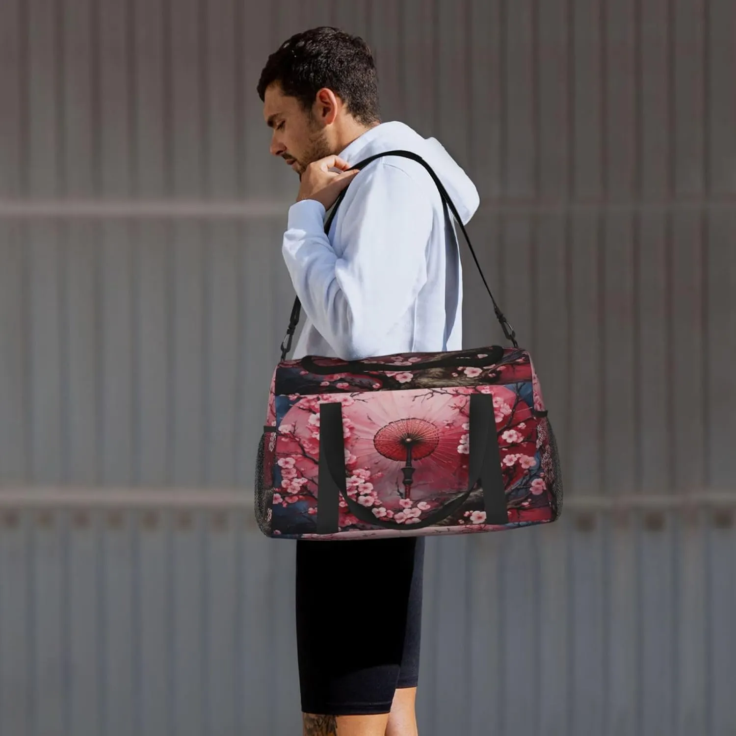 Travel Duffel Bag For Men Women, Japanese Umbrella Blooming Cherry Flower Carry On Sport Gym Bag With Shoulder Strap Lightweight Waterproof Weekender Bag Overnight Bag