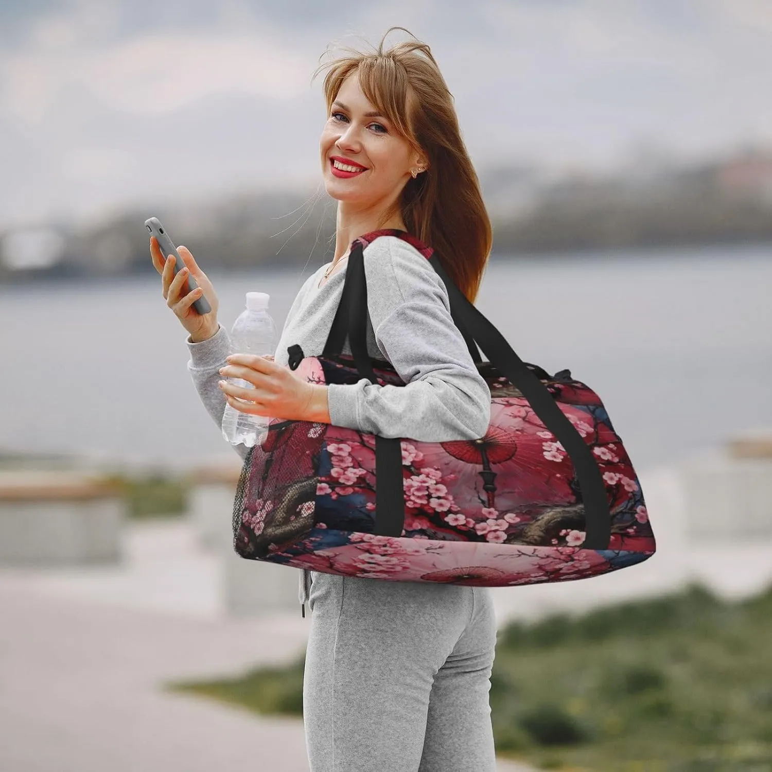 Travel Duffel Bag For Men Women, Japanese Umbrella Blooming Cherry Flower Carry On Sport Gym Bag With Shoulder Strap Lightweight Waterproof Weekender Bag Overnight Bag