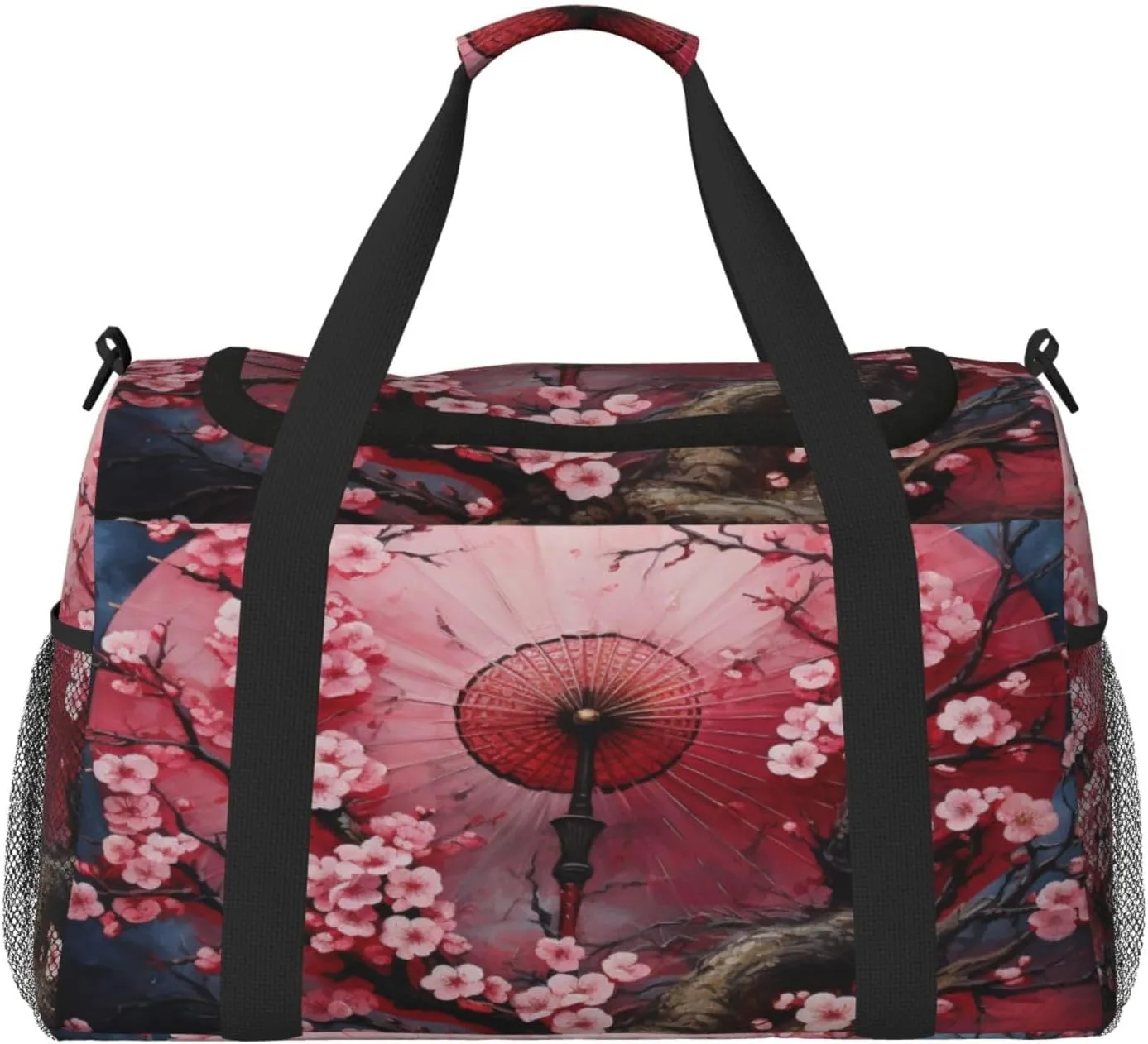 Travel Duffel Bag For Men Women, Japanese Umbrella Blooming Cherry Flower Carry On Sport Gym Bag With Shoulder Strap Lightweight Waterproof Weekender Bag Overnight Bag