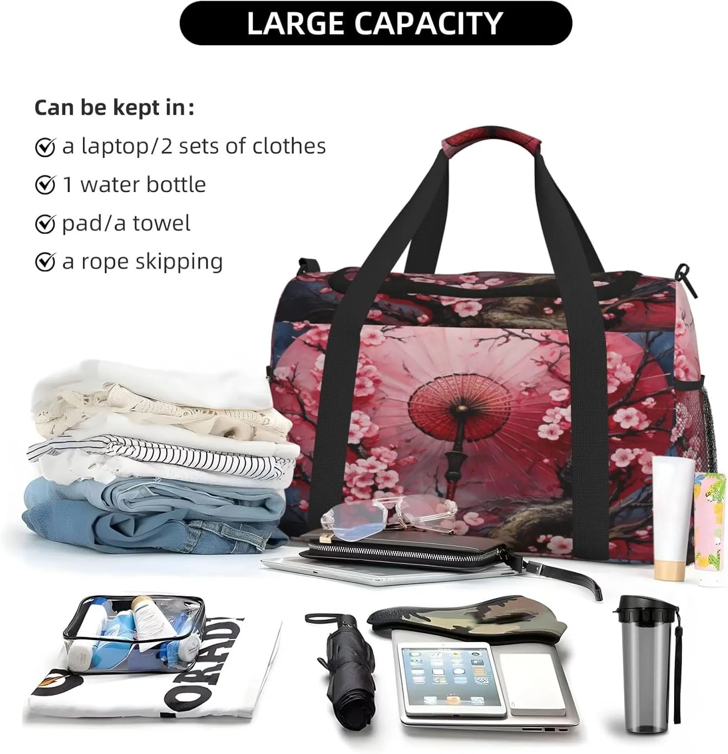 Travel Duffel Bag For Men Women, Japanese Umbrella Blooming Cherry Flower Carry On Sport Gym Bag With Shoulder Strap Lightweight Waterproof Weekender Bag Overnight Bag