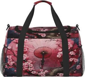 Travel Duffel Bag For Men Women, Japanese Umbrella Blooming Cherry Flower Carry On Sport Gym Bag With Shoulder Strap Lightweight Waterproof Weekender Bag Overnight Bag