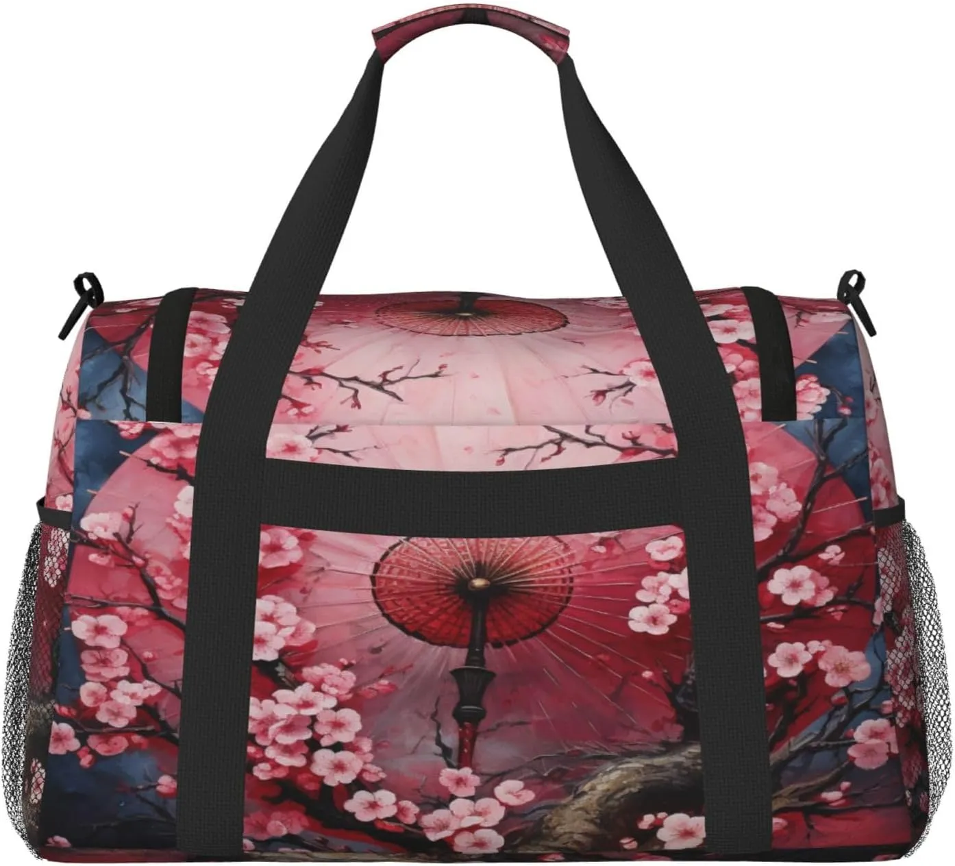 Travel Duffel Bag For Men Women, Japanese Umbrella Blooming Cherry Flower Carry On Sport Gym Bag With Shoulder Strap Lightweight Waterproof Weekender Bag Overnight Bag