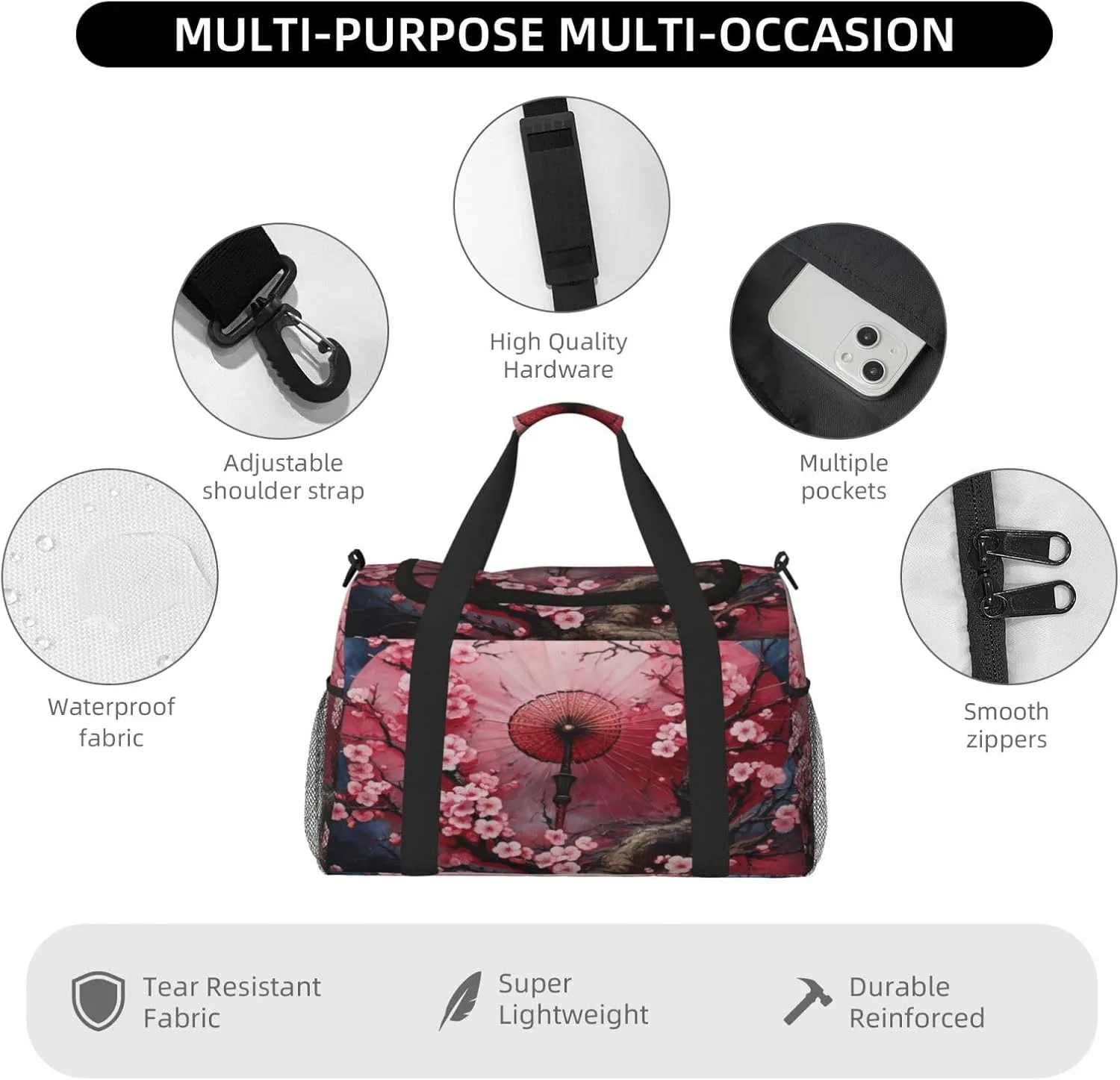 Travel Duffel Bag For Men Women, Japanese Umbrella Blooming Cherry Flower Carry On Sport Gym Bag With Shoulder Strap Lightweight Waterproof Weekender Bag Overnight Bag