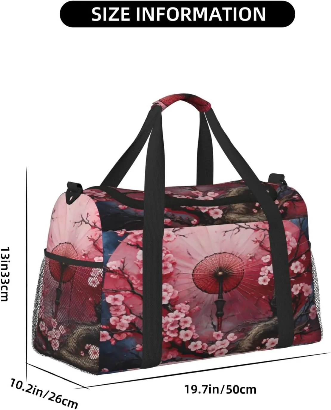 Travel Duffel Bag For Men Women, Japanese Umbrella Blooming Cherry Flower Carry On Sport Gym Bag With Shoulder Strap Lightweight Waterproof Weekender Bag Overnight Bag
