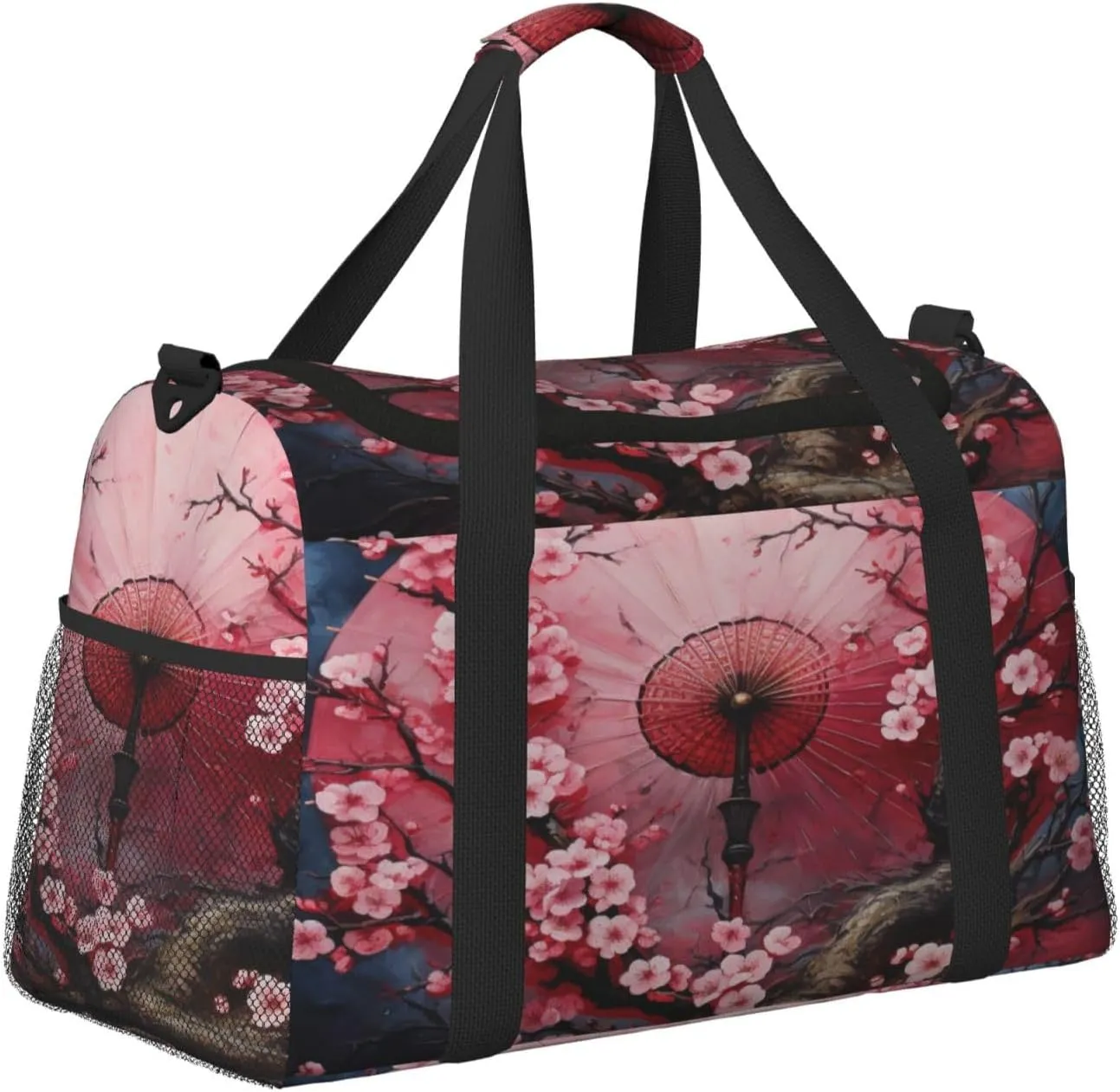 Travel Duffel Bag For Men Women, Japanese Umbrella Blooming Cherry Flower Carry On Sport Gym Bag With Shoulder Strap Lightweight Waterproof Weekender Bag Overnight Bag