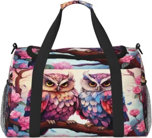 Travel Duffel Bag For Men Women, Lovely Owls Branch Flower Carry On Sport Gym Bag With Shoulder Strap Lightweight Waterproof Weekender Bag Overnight Bag
