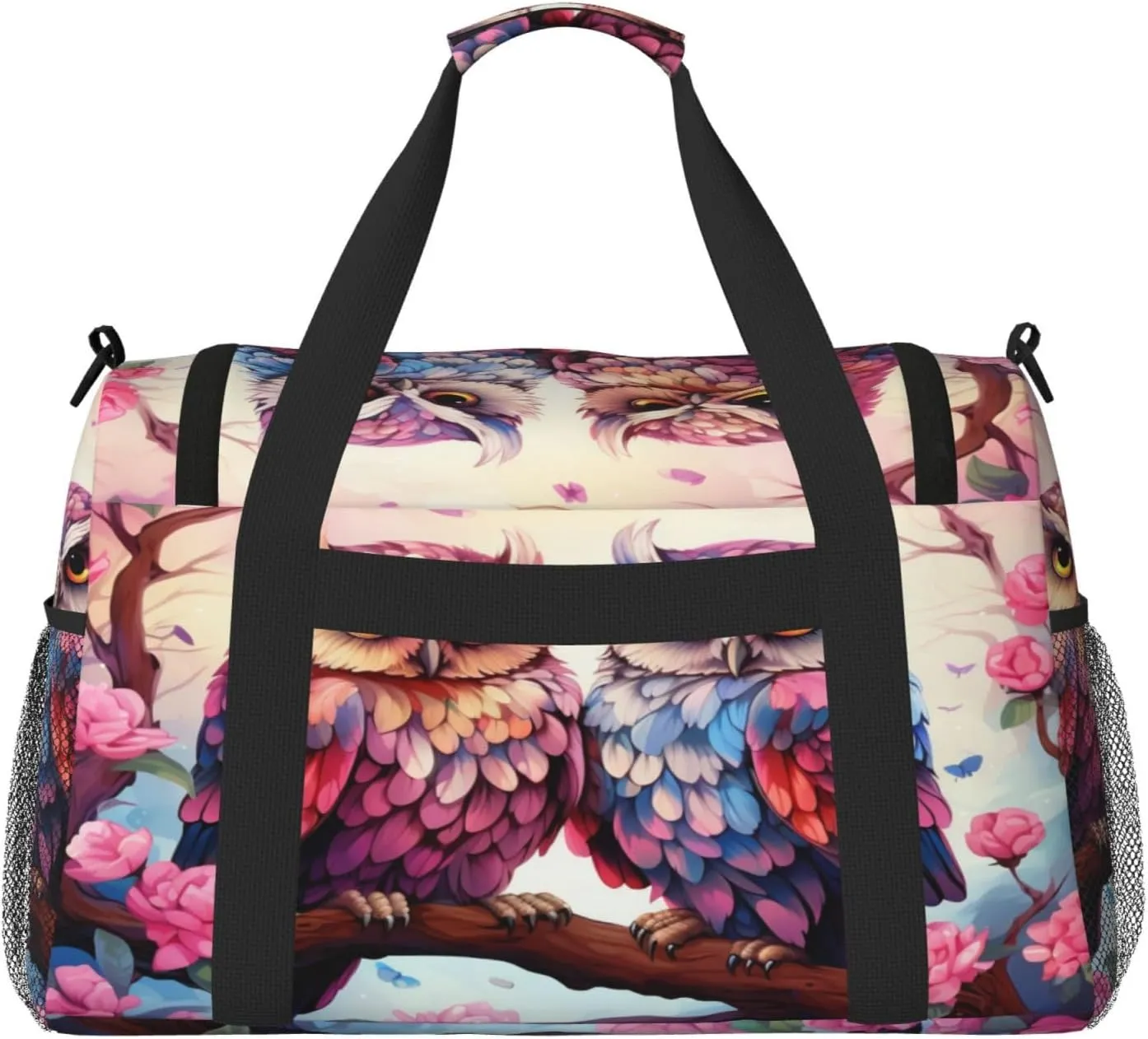 Travel Duffel Bag For Men Women, Lovely Owls Branch Flower Carry On Sport Gym Bag With Shoulder Strap Lightweight Waterproof Weekender Bag Overnight Bag