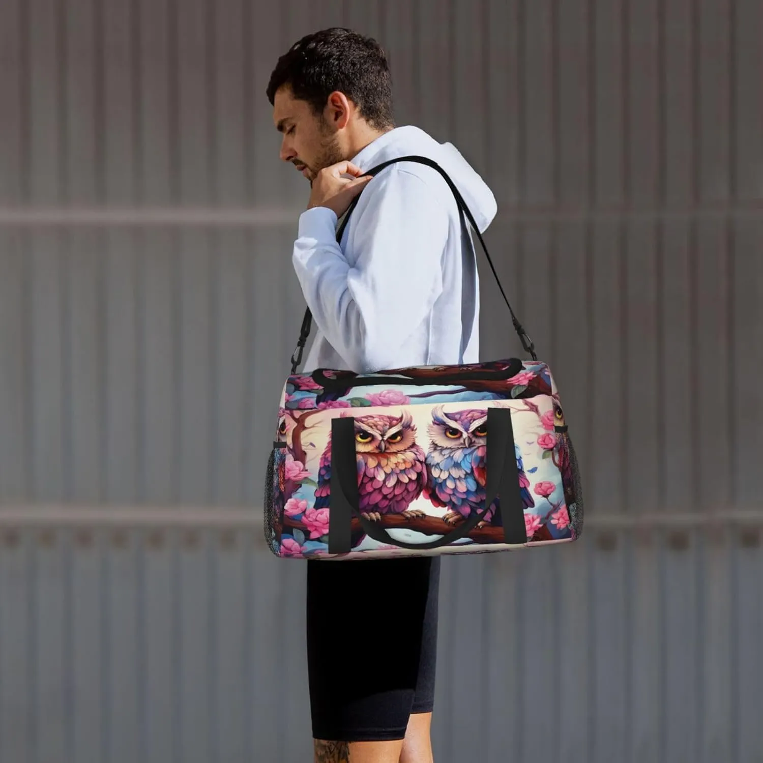 Travel Duffel Bag For Men Women, Lovely Owls Branch Flower Carry On Sport Gym Bag With Shoulder Strap Lightweight Waterproof Weekender Bag Overnight Bag