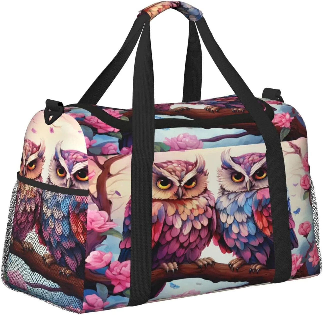 Travel Duffel Bag For Men Women, Lovely Owls Branch Flower Carry On Sport Gym Bag With Shoulder Strap Lightweight Waterproof Weekender Bag Overnight Bag
