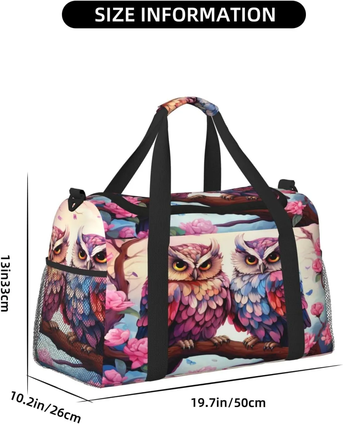 Travel Duffel Bag For Men Women, Lovely Owls Branch Flower Carry On Sport Gym Bag With Shoulder Strap Lightweight Waterproof Weekender Bag Overnight Bag