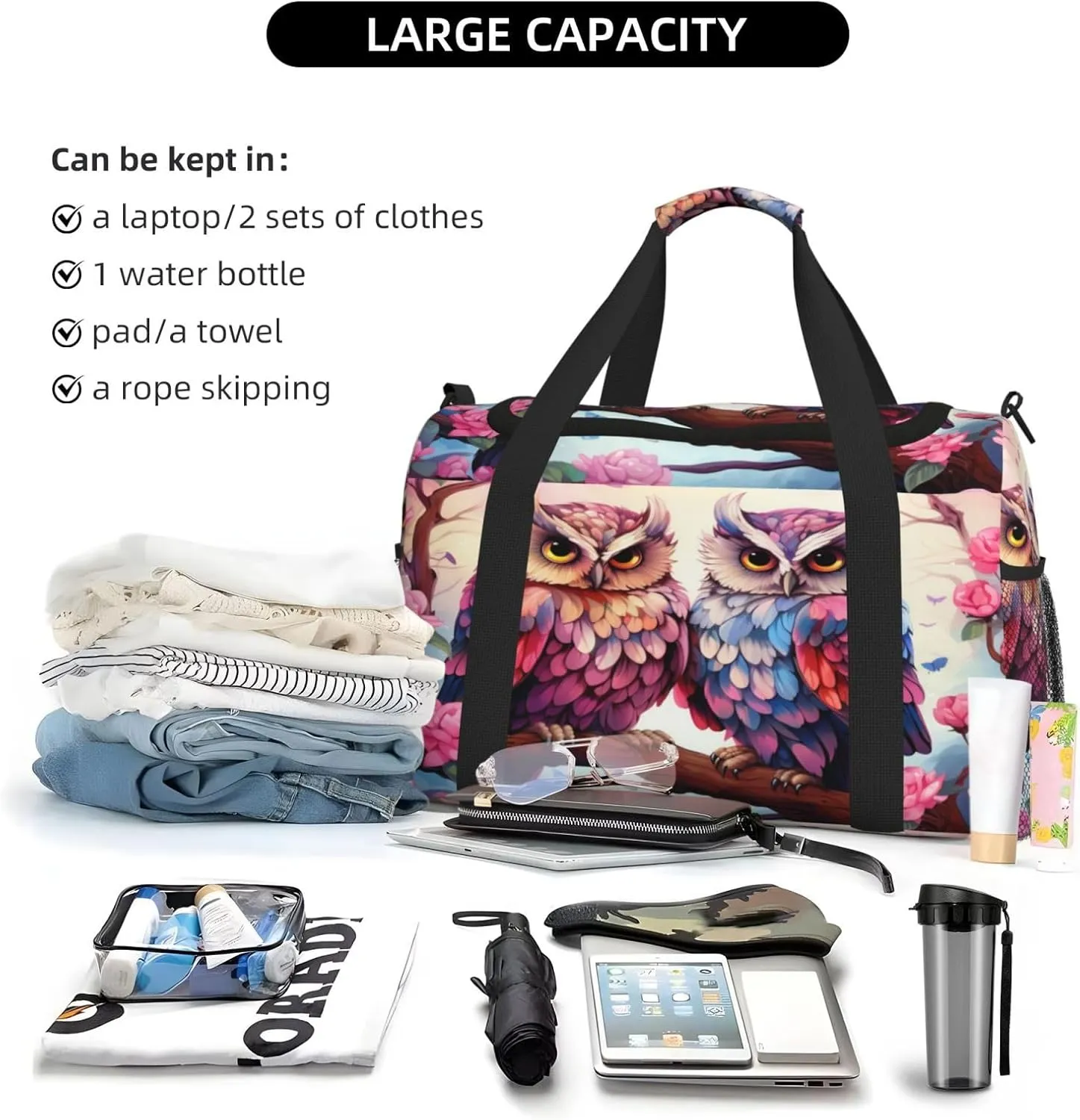 Travel Duffel Bag For Men Women, Lovely Owls Branch Flower Carry On Sport Gym Bag With Shoulder Strap Lightweight Waterproof Weekender Bag Overnight Bag