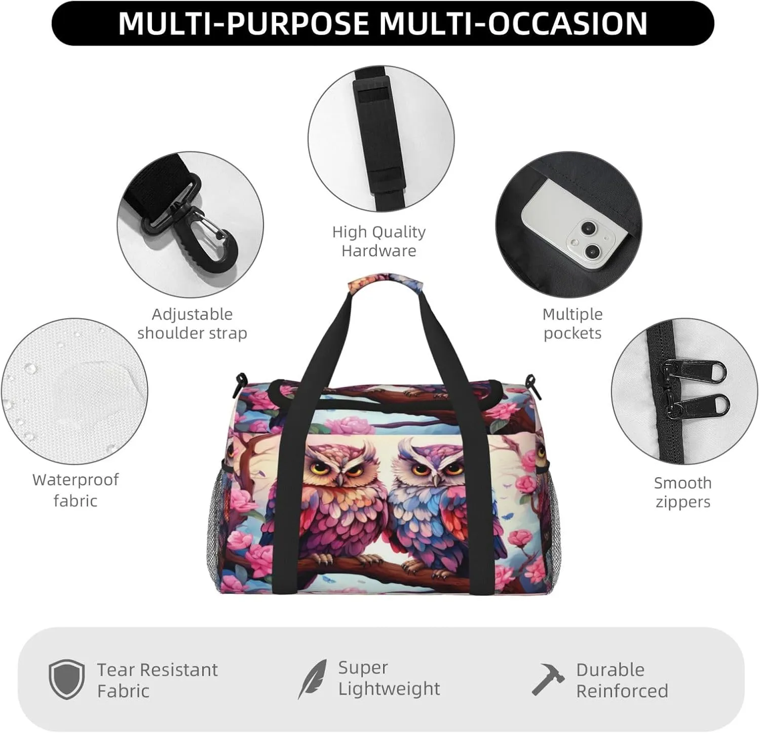 Travel Duffel Bag For Men Women, Lovely Owls Branch Flower Carry On Sport Gym Bag With Shoulder Strap Lightweight Waterproof Weekender Bag Overnight Bag